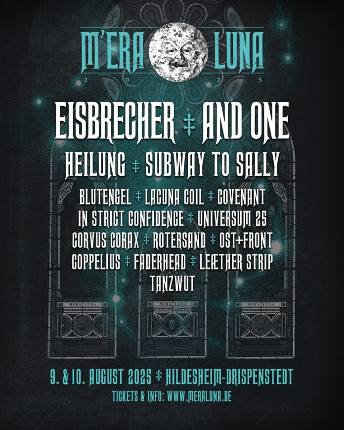 M’era Luna 2025 Newcomer Wettbewerb – Jetzt bewerben und das Festival eröffnen! Ein Festivalflyer für das M'era Luna Festival 2025 mit den ersten bestätigten Bands in weißer Schrift auf grauem Hintergrund mit gothischen Kirchenfenstern. Darüber das M'era Luna Festivallogo.