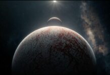 Muse hauen „Cryogen“ als zweite Single raus A large, cratered icy planet with red vein-like cracks in the foreground, and a smaller moon-like body above against a starry space backdrop.