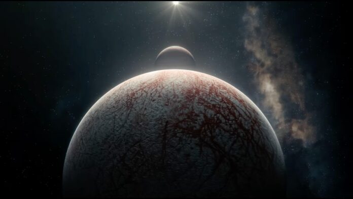 Muse hauen „Cryogen“ als zweite Single raus A large, cratered icy planet with red vein-like cracks in the foreground, and a smaller moon-like body above against a starry space backdrop.