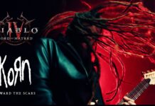 Korn: Neue Single „Reward The Scars“ für Diablo IV: Lord Of Hatred Album cover showing KoRn's 'Reward the Scar' logo with a guitarist's vivid red background and long dreadlocks in motion, for promotional art.