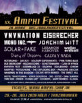 Festival poster for Amphi Festival with gold title, starry backdrop, and band lineup; dates 25–26 July 2026 in Köln/Tanzbrunnen, ticket info on amphi-shop.de.
