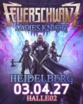 Poster featuring three women in gleaming silver armor with weapons, standing before a purple magical background; reads LADIES KNIGHT and shows date 03.04.27 at HALLE02