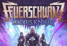 Feuerschwanz kündigen „Ladies Knight 2027“ an Poster featuring three women in gleaming silver armor with weapons, standing before a purple magical background; reads LADIES KNIGHT and shows date 03.04.27 at HALLE02