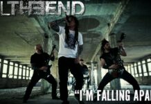 Til The End unterschreibt bei Lifeforce Records Four-member metal band performing in a derelict concrete space; vocalist center with mic, two guitarists flanking him, drummer in back; text overlays read 'TIL THE END' and 'I'M FALLING APART'