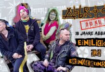 Abbruch werden in Prag Opfer eines Nazi-Überfalls YouTube thumbnail: four punk-clad people posing in front of a collage backdrop with bold German text about '18 Jahre Abbruch – Einblicke und Erinnerungen'.