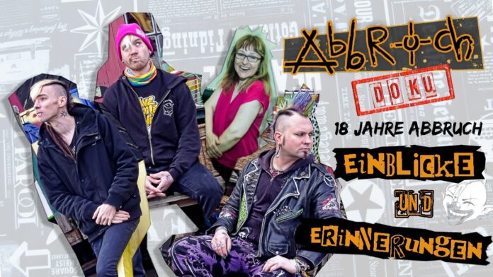 Abbruch werden in Prag Opfer eines Nazi-Überfalls YouTube thumbnail: four punk-clad people posing in front of a collage backdrop with bold German text about '18 Jahre Abbruch – Einblicke und Erinnerungen'.