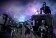 Avenged Sevenfold sind nun eine unabhängige Band Skeletons ride a horse-drawn carriage through a purple space scene; a grim reaper-like figure stands on top.