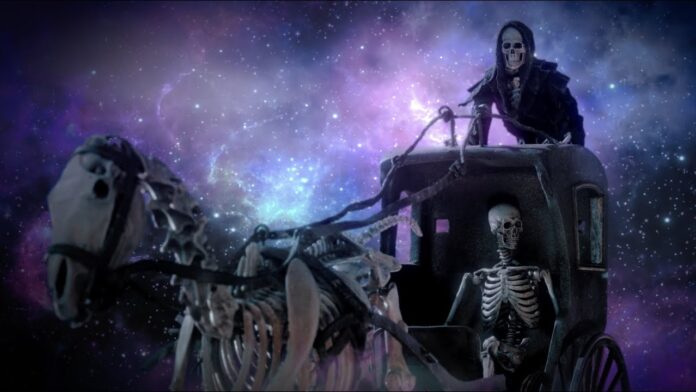 Avenged Sevenfold sind nun eine unabhängige Band Skeletons ride a horse-drawn carriage through a purple space scene; a grim reaper-like figure stands on top.
