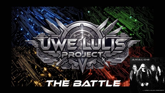 Uwe Lulis Project veröffentlicht neue Single „The Battle“ Main graphic with metallic 'UWE LUIS PROJECT' logo and 'THE BATTLE' text on a neon circuitry background; small grayscale Analog band image in bottom-right.