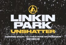 Linkin Park veröffentlichen offiziellen Teaser für neuen Film „Unshatter“ Linkin Park Unshatter poster with bold white 'LINKIN PARK' and yellow 'UNSHATTER' text on a dark snowy background, gold logo above.