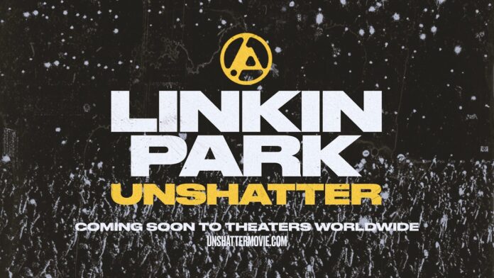 Linkin Park veröffentlichen offiziellen Teaser für neuen Film „Unshatter“ Linkin Park Unshatter poster with bold white 'LINKIN PARK' and yellow 'UNSHATTER' text on a dark snowy background, gold logo above.