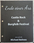 Black textured binder cover with white cursive 'Ende einer Ära' and bold 'Castle Rock & Burgfolk Festival' text, plus binder holes visible on the left.