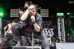 Male vocalist on a rock stage, kneeling while singing into a microphone with intense expression and hand in hair.