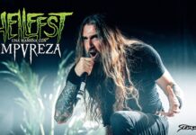 Impureza veröffentlichen Video ihres Auftritts beim Hellfest 2026 Metal concert poster featuring a long-haired vocalist screaming into a microphone on stage; Hellfest branding with green logo and 'Una Mañana Con Impureza' subtitle, Season of Mist at the bottom corner.