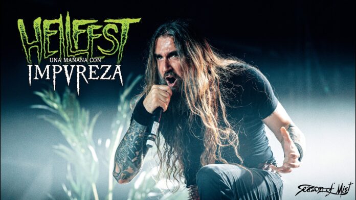 Impureza veröffentlichen Video ihres Auftritts beim Hellfest 2026 Metal concert poster featuring a long-haired vocalist screaming into a microphone on stage; Hellfest branding with green logo and 'Una Mañana Con Impureza' subtitle, Season of Mist at the bottom corner.