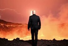 Raunchy veröffentlichen dritte Single „Darkest Self“ A man in a black suit walks toward a lava-filled volcanic crater as orange lava lights the sky and sparks fly.