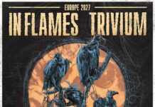 In Flames und Trivium kündigen Europa-Tour 2027 Tour poster for Inflames and Trivium tour with a blue raven colony in front of an orange moon and webbing motifs