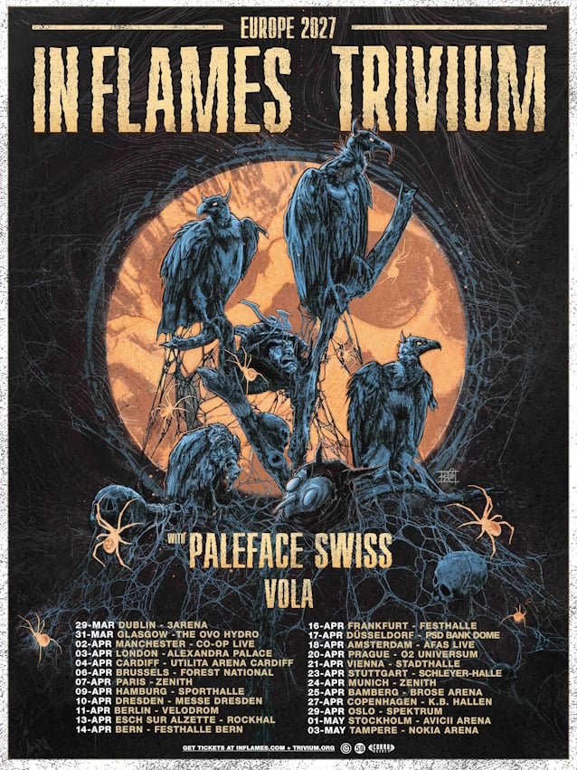 in flames trivium spring tour 2027 | Mindbreed Tour poster for Inflames and Trivium tour with a blue raven colony in front of an orange moon and webbing motifs