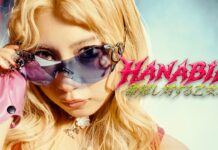 HANABIE.: Chika legt eine Pause ein Woman with long blonde hair wearing pink fingerless glove and reflective sunglasses, adjusting them, with bold pink 'HANABIE' logo on the right edge.