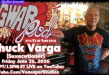 GWAR-Mitbegründer Chuck Varga ist verstorben YouTube thumbnail showing Chuck Varga in a workshop, with bold red and white text promoting a June 26, 2026 live event on YouTube.