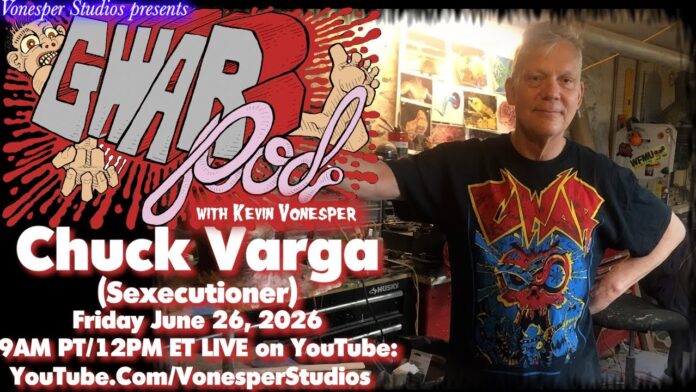 GWAR-Mitbegründer Chuck Varga ist verstorben YouTube thumbnail showing Chuck Varga in a workshop, with bold red and white text promoting a June 26, 2026 live event on YouTube.