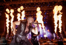 Das war das M’era Luna 2026 Male rock singer on a fiery stage, holding a microphone and mid-performance with pyrotechnics behind him.