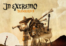 In Extremo – Tranquilo II Surreal collage of a skeletal musician with guitars and brass instruments strapped to a wagon against a textured beige background.