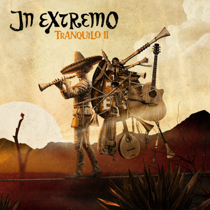 In Extremo – Tranquilo II Surreal collage of a skeletal musician with guitars and brass instruments strapped to a wagon against a textured beige background.