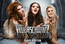 Feuerschwanz und In Extremo veröffentlichen „Carpe Noctem“ Three women with dramatic makeup pose on a stage-like set, front and center, with a bold band logo and 'Carpe Noctem' text beneath them.