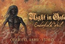 Night In Gales: erste Single vom neuen Album „Bitter Harvest“ Dark, textured cover art with a shadowy, long-haired figure emerging from fiery orange background; ornate text reads 'Night in Gales' and 'Emberfield Veil' with 'Official Lyric-Video' at the bottom.